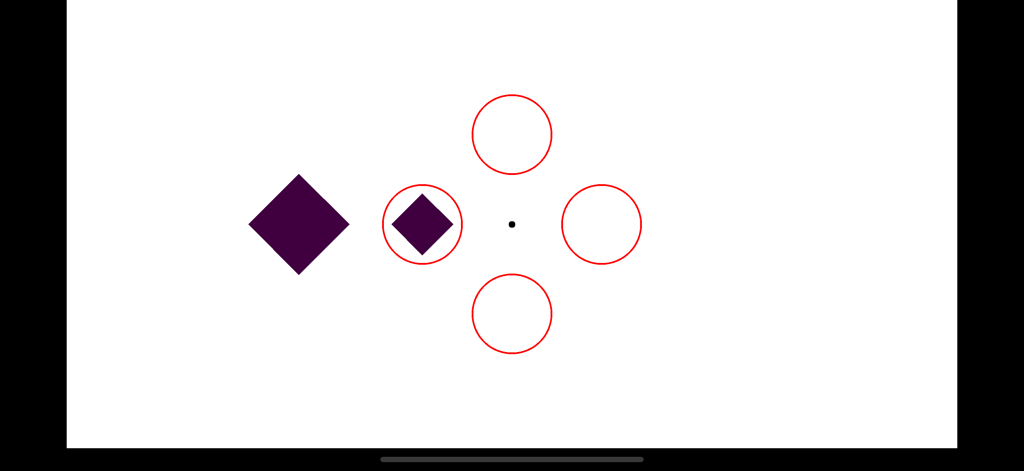 A visual perception experiment screen with purple diamonds and red circles on a white background
