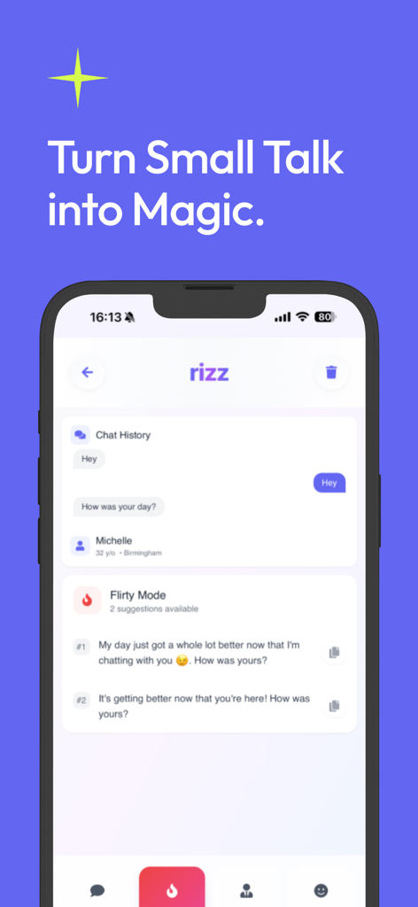 Rizz AI: Dating Chat Assistant - Interfaz de la aplicación móvil Rizz AI mostrando sugerencias de respuestas de chat coquetas para una conversación de citas.