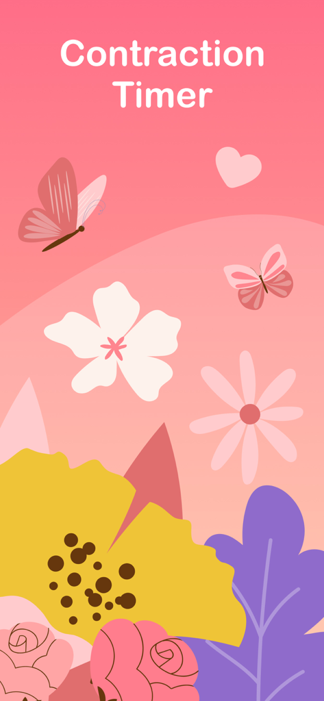 Contraction Timer app splash screen featuring a pink floral design with butterflies