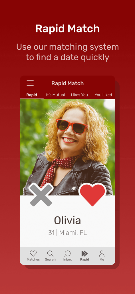 Biker Planet Dating App - Biker Planet Dating App interface displaying the Rapid Match swiping feature with a biker profile.
