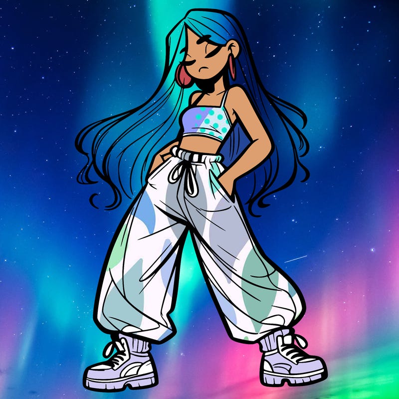 girl in baggy pants crop top and long hair