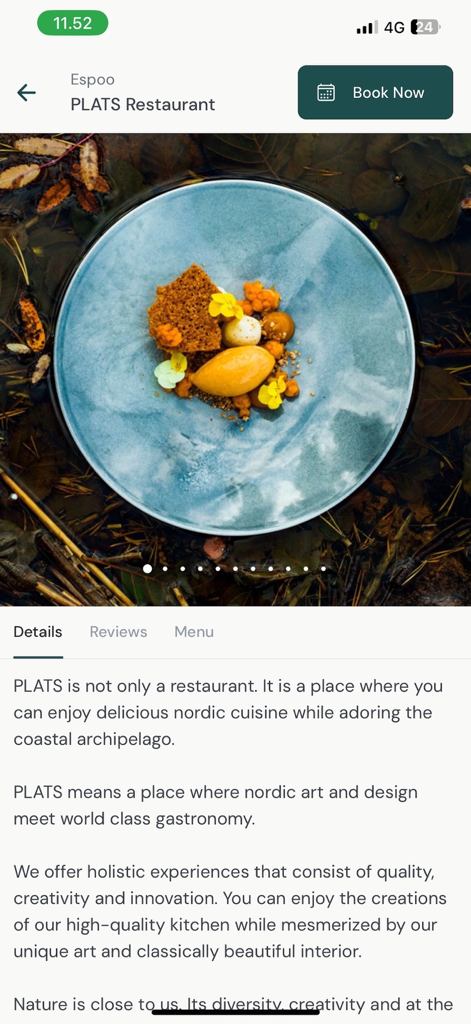 TableOnline - Reservations - Details page for PLATS Restaurant in Espoo featuring gourmet Nordic cuisine and a booking button