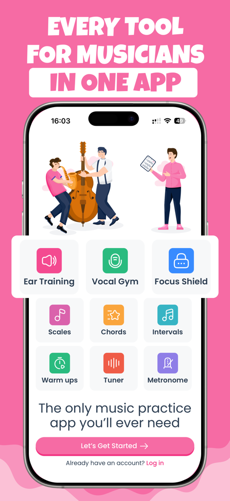 Dashboard of Trill app showing various musician tools like ear training vocal gym focus shield scales and tuner