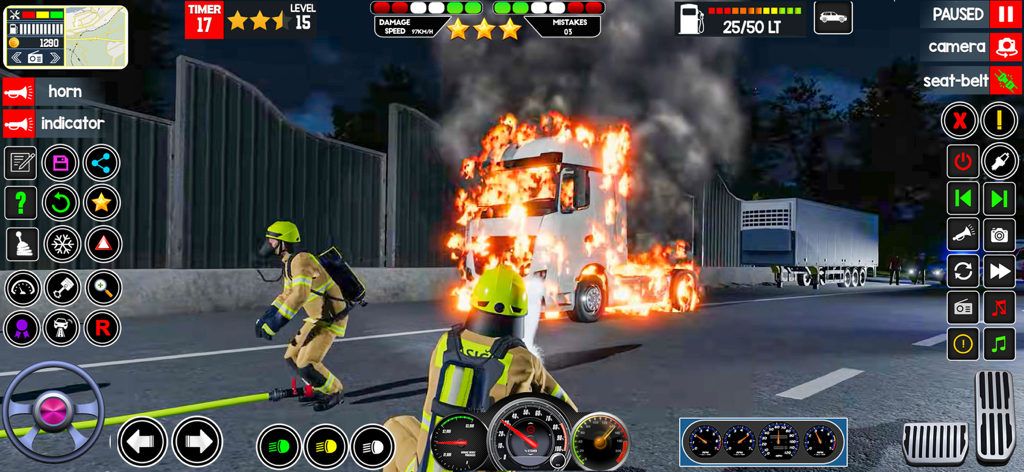 Rescue Squad Firestorm Mission - A gameplay screenshot of firefighters extinguishing a burning white truck on a highway