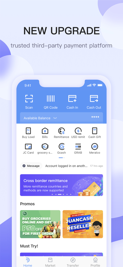 JuanCash-ZYBI Tech - JuanCash e-wallet interface displaying remittance bills payment and mobile load services