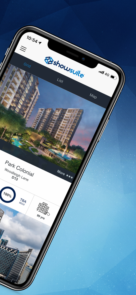 A mobile device displaying a property listing for Park Colonial on the Showsuite real estate app for Singaporean developments.