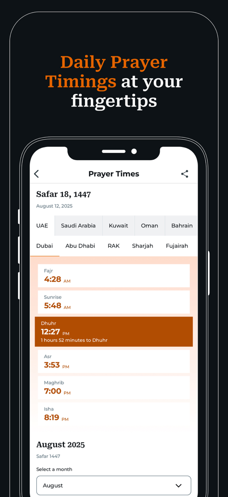 Gulf News - Latest UAE News - L'interface de l'application Gulf News affiche les horaires de prière quotidiens pour Dubaï et d'autres villes des Émirats arabes unis.