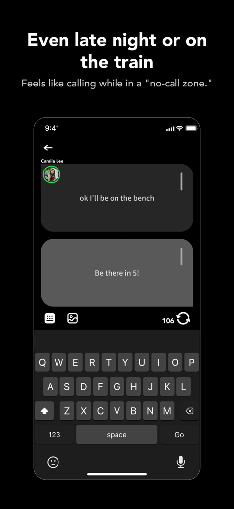 Jiffcy mobile app interface showing real-time call-like texting for no-call zones
