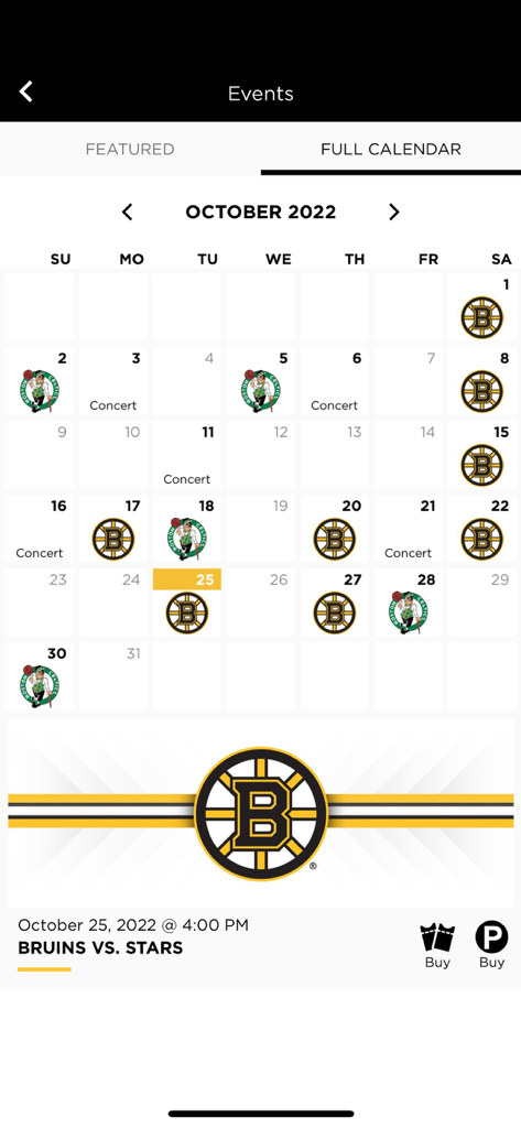 TD Garden Hub - TD Garden Hub app displaying a full calendar of events including Boston Bruins and Celtics games