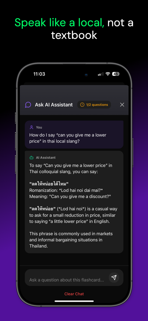 Asistente IA en la aplicación Flashrecall explicando jerga tailandesa para ayudar a los usuarios a hablar como un local