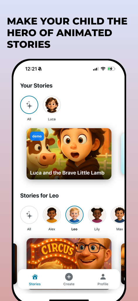 Dreema: Bedtime Stories AI - The library screen of the Dreema app featuring personalized AI bedtime stories and character avatars