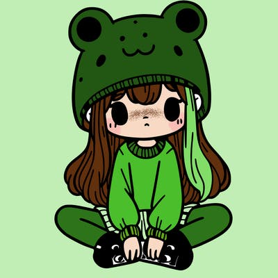 a girl wearing a frog hat and some frog socks