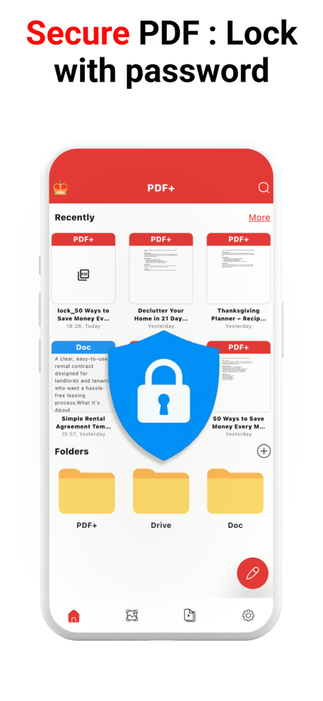 PDF Reader, Editor & Scanner + - Interface of the PDF reader app showing a password lock security feature with a blue shield icon.
