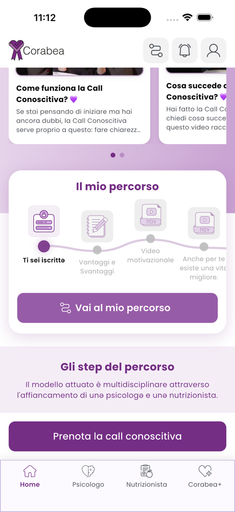 Corabea - Corabea app interface showing a therapeutic journey timeline and a button to book a consultation.