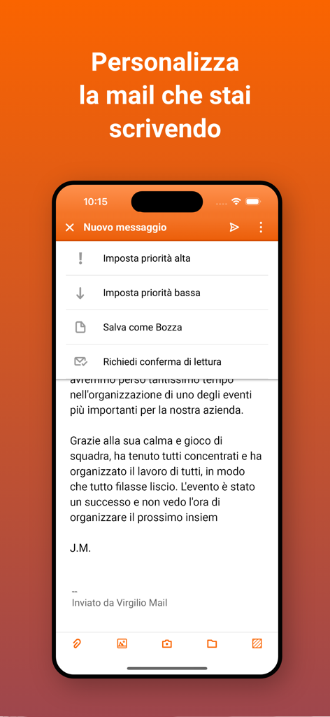 Virgilio Mail - Email App - Interfaccia di composizione email dell'app Virgilio Mail che mostra opzioni per priorità alta e richieste di ricevuta di lettura