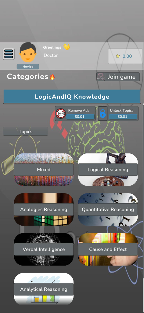 Main categories screen of the Logic IQ Quiz app showing various logical reasoning and brain training topics