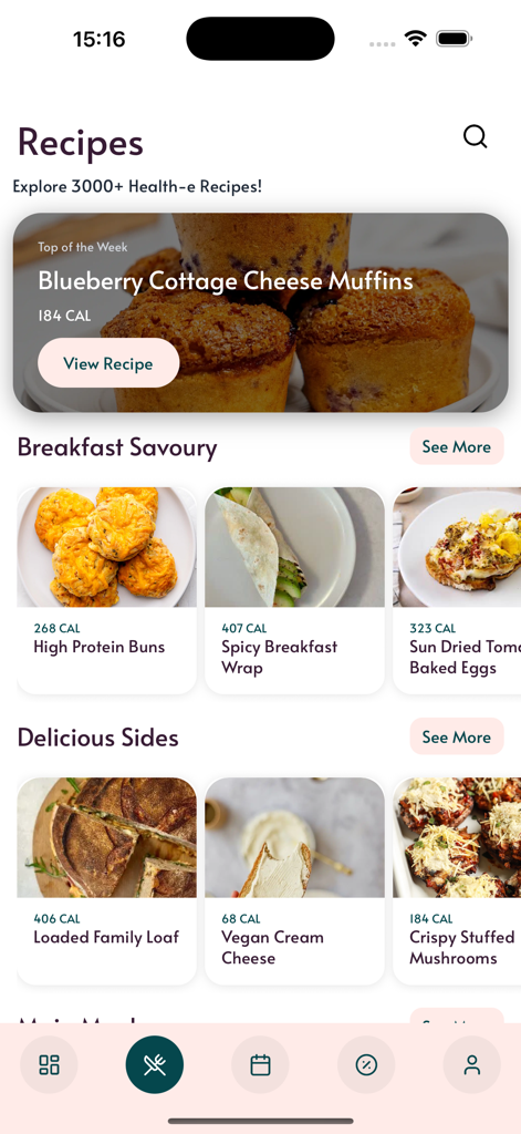 Health-e Simplified app interface showing a variety of healthy recipes including blueberry cottage cheese muffins and high protein buns with calorie counts