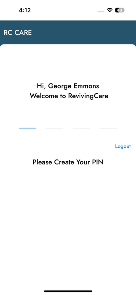 RevivingCare EVV - RevivingCare EVV app screen for setting up a security PIN