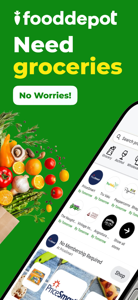 Food Depot mobile App-Oberfläche, die verschiedene Lebensmittelgeschäfte und frische Produkte für die Lieferung nach Hause zeigt