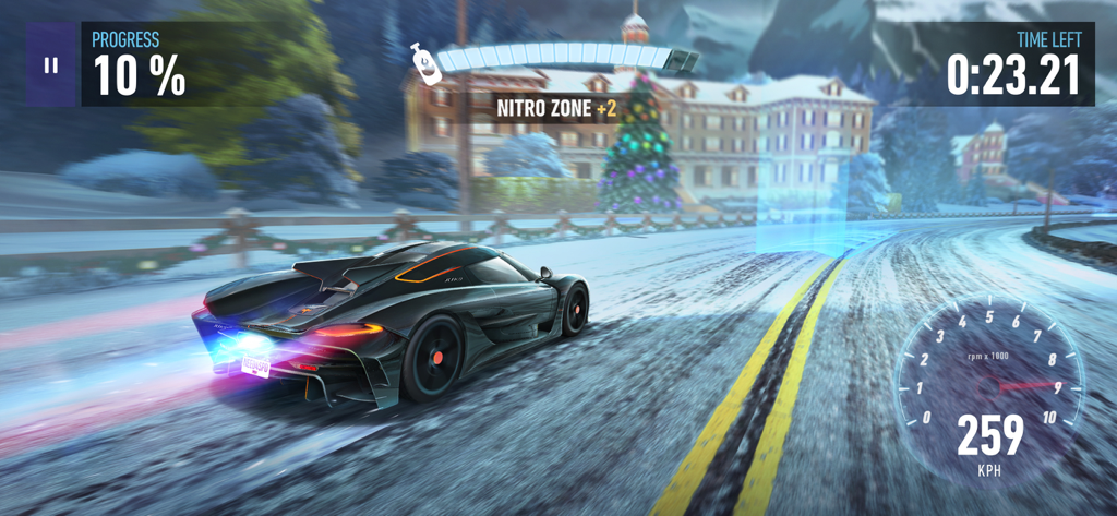 A black supercar using nitro boost while racing on a snowy street at night past a Christmas tree