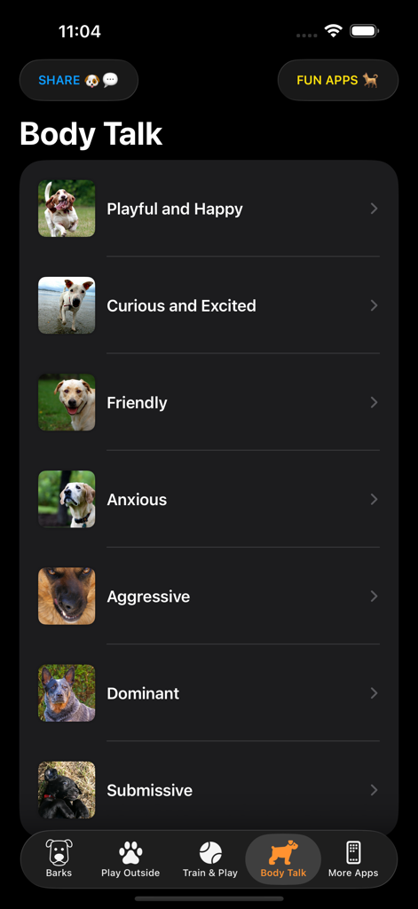 Dog Sounds & Body Talk - Um menu na aplicação Dog Sounds and Body Talk mostrando diferentes categorias de linguagem corporal de cães como feliz, ansioso e agressivo