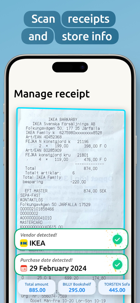 Homer: The Home Management App - Screenshot dell'app Homer che scansiona una ricevuta IKEA per rilevare automaticamente il venditore e la data di acquisto.