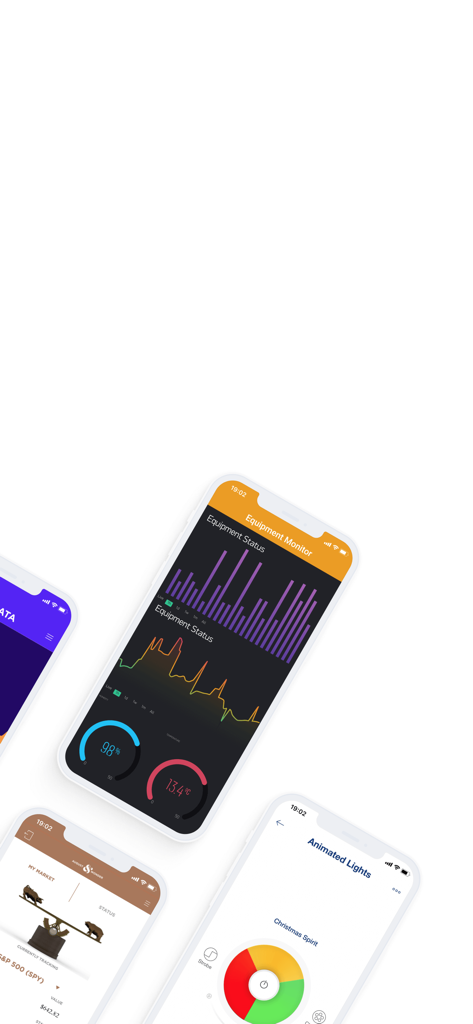 Blynk IoT - Multiple iPhone screens displaying various Blynk IoT app dashboards for monitoring and control