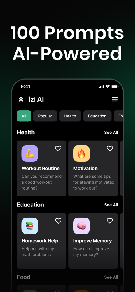 AI Chat Bot Assistant - izi - Smartphone screen of the izi AI assistant showcasing various prompt categories for health and education