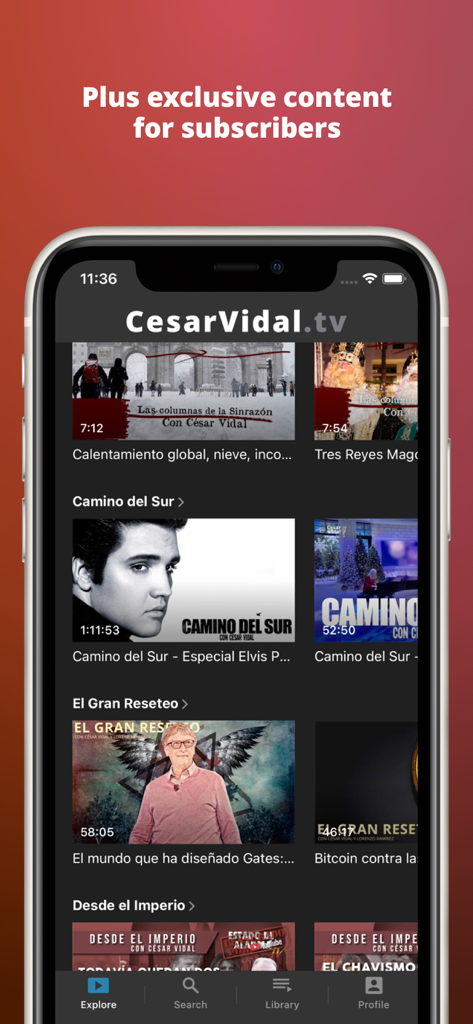 Interfaccia dell'app mobile Cesar Vidal TV che mostra la libreria video di notizie e analisi esclusive per gli abbonati.