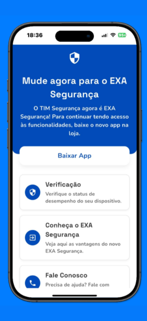 TIM Segurança Digital - Mobile app screen showing the transition of TIM Seguranca Digital to the new EXA Seguranca app with a download button