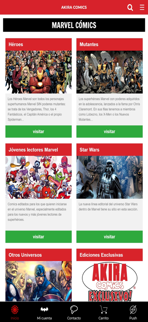 Interface do aplicativo Akira Comics mostrando várias categorias de quadrinhos da Marvel em espanhol