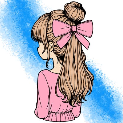 realistic girl  with hip length hair a bun and a big bow on the back of head