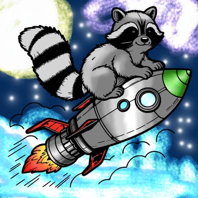realistic raccoon flying on top rocket ship