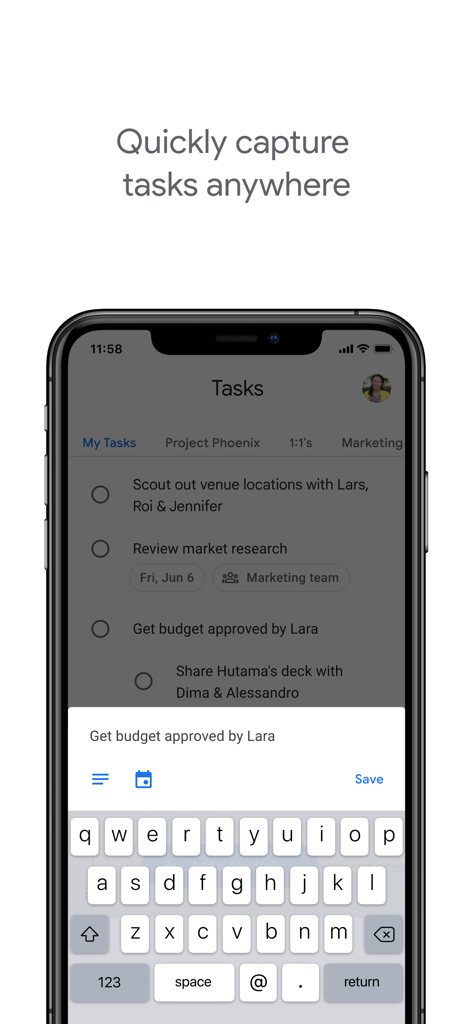 Google Tasks mobile interface showing a new task being entered with a keyboard