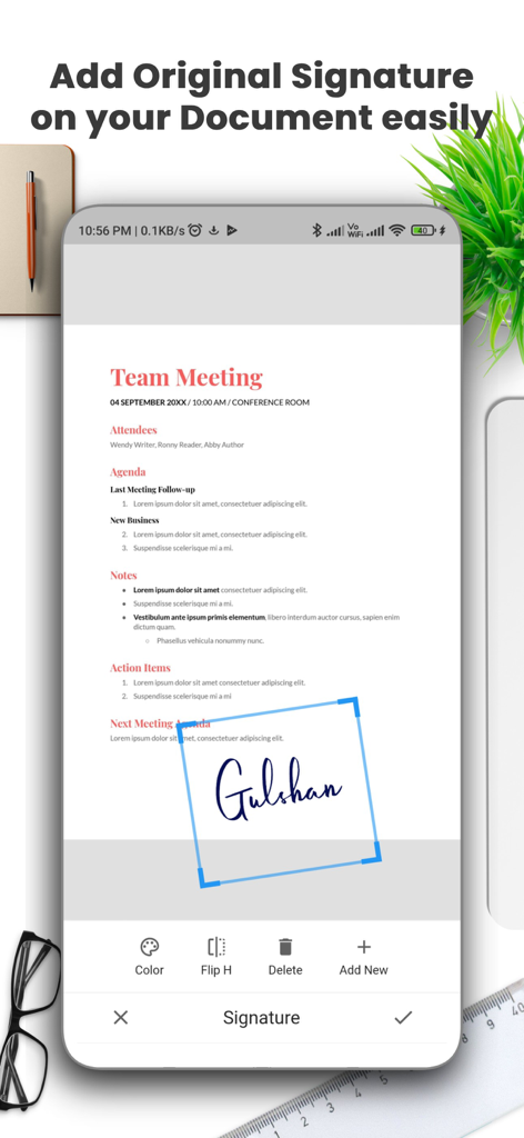 Interfaccia per aggiungere una firma digitale originale a un documento utilizzando un'app scanner mobile.