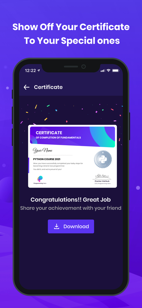 Programming Hero: Coding Fun - A smartphone screen showing a certificate of completion for a Python course in the Programming Hero app