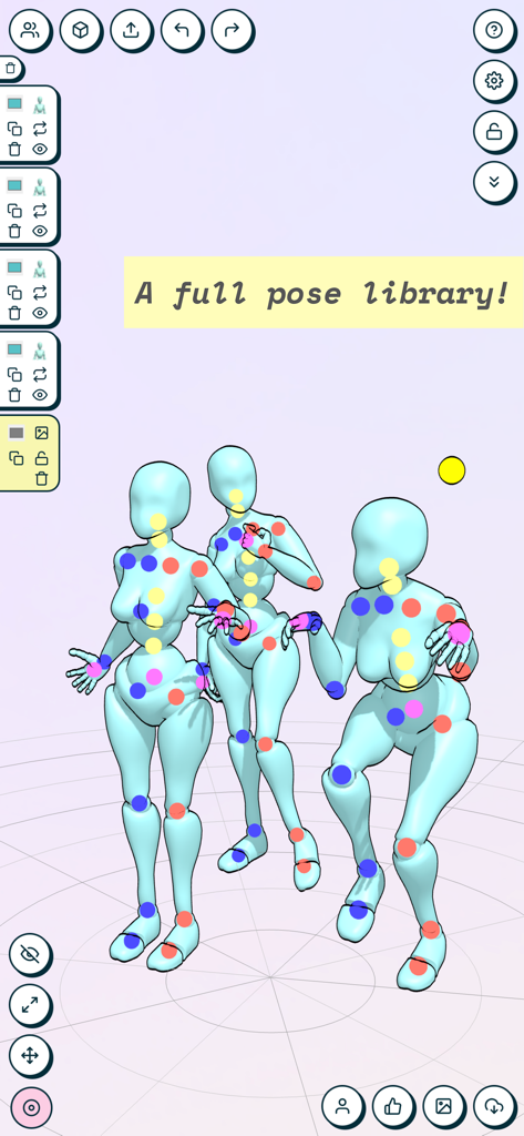 JustSketchMe - Three 3D character models with colorful joints and posing points in the JustSketchMe app