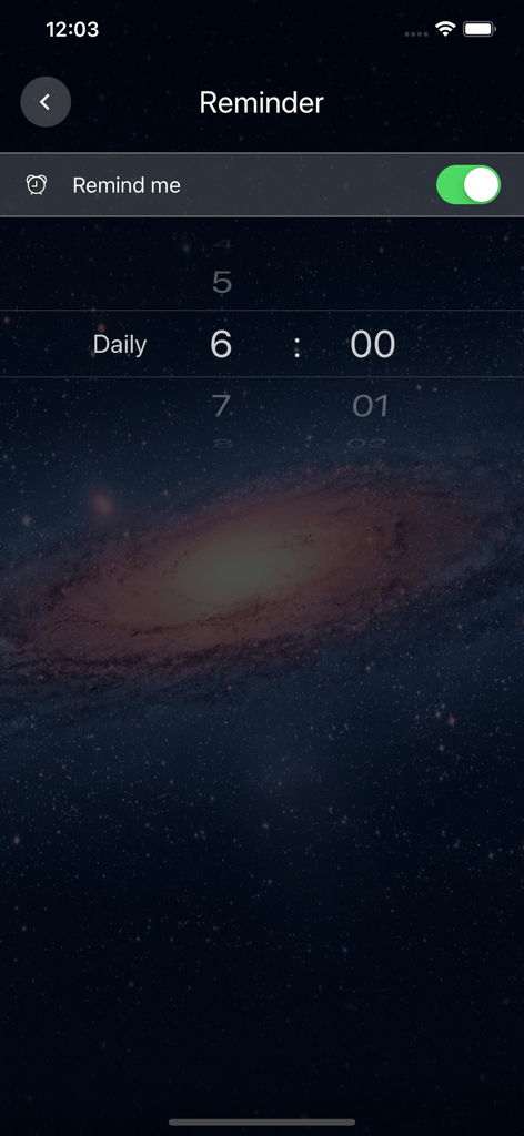 Heart Rate Pro-Health  Monitor - A mobile app interface for setting a daily heart rate measurement reminder at 6:00 AM over a starry galaxy background.