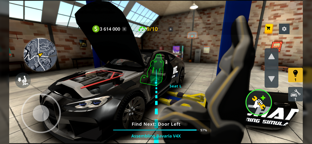 Captura de pantalla del juego de ensamblaje de un coche en el garaje de Mechanic Car Tuning Simulator
