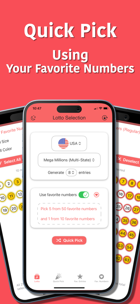LottoPick: Lotto Number Picker - LottoPick app interface showing the quick pick feature for generating Mega Millions lottery numbers using favorite numbers.
