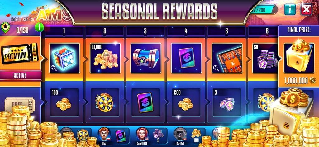 Pantalla de recompensas de temporada de Backgammon Legends mostrando niveles premium y gratuitos con monedas de oro y cofres