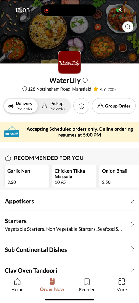 Water Lily Mansfield - Water Lily Mansfield restaurant mobile app home screen showing Indian food recommendations and menu categories