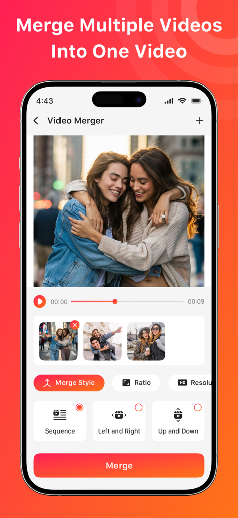Interface for merging multiple video clips into one with various style options