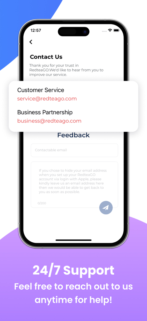 RedteaGO: eSIM Travel Internet - RedteaGO app contact us screen showing customer service email and feedback form