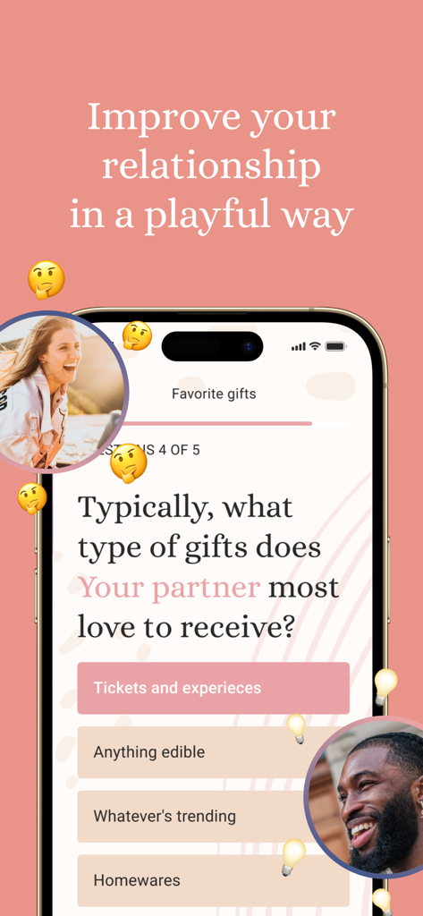 Cuddle: Couples & Relationship - Captura de pantalla de la aplicación Cuddle que muestra una pregunta de cuestionario de relación sobre las preferencias de regalos de la pareja con opciones de respuesta múltiple.