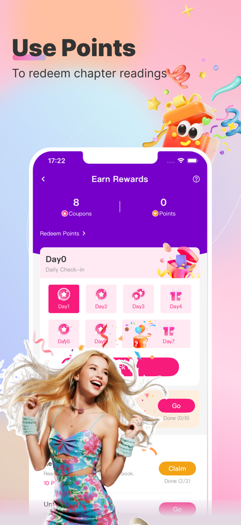 Interface de l'application Novelove montrant les récompenses d'inscription quotidienne et le système de rachat de points pour les chapitres de romans web.