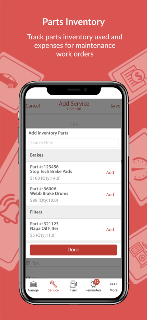 AUTOsist Fleet Management App - AUTOsist app interface showing parts inventory management for fleet maintenance work orders.
