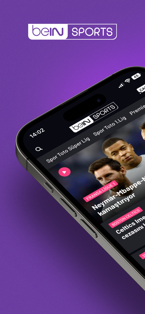 beIN SPORTS TR - 국제 축구 하이라이트 및 뉴스가 표시되는 beIN SPORTS TR 앱이 있는 스마트폰 화면.