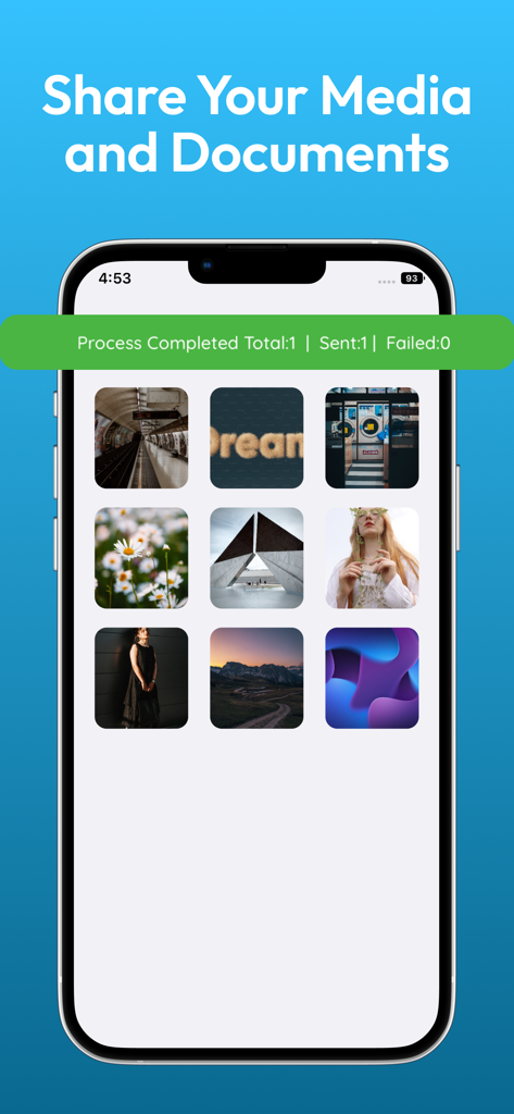Smartphone screen displaying the successful transfer of photos and documents in the Data Transfer app