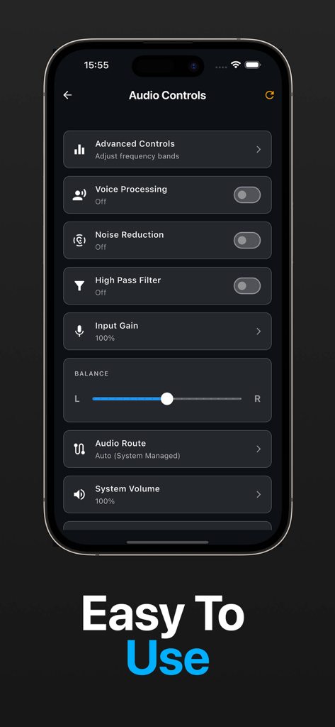 Hearing Aid・Boost: Heared - The Heared app audio controls screen showing options for noise reduction voice processing and frequency adjustments.